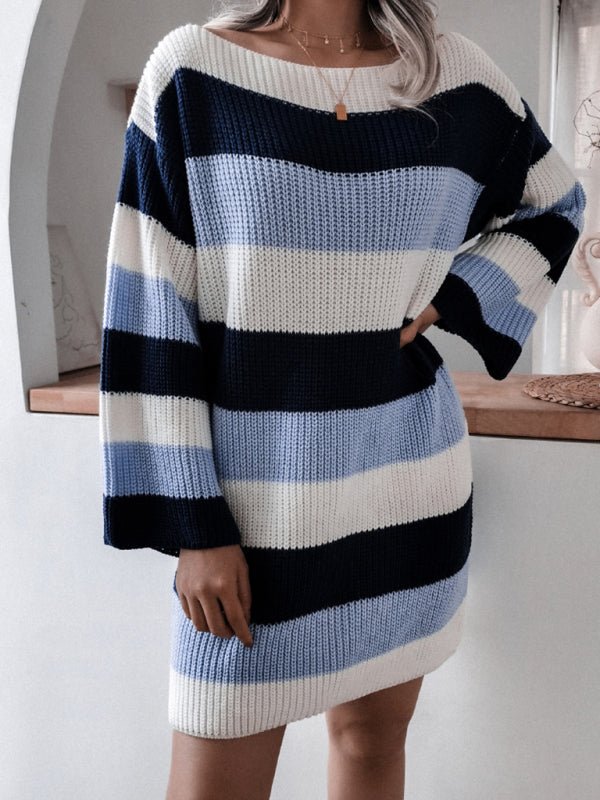 Straight neck off shoulder knitted wool dress - ElegantAlpha®