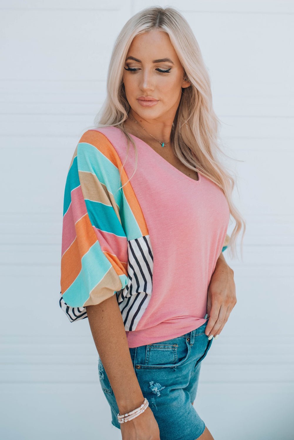 Striped Dolman Sleeve V-Neck Top - ElegantAlpha®