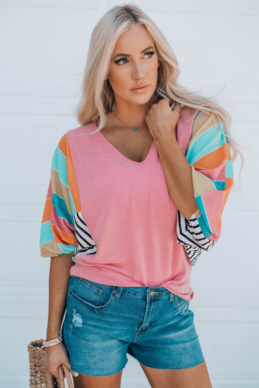 Striped Dolman Sleeve V-Neck Top - ElegantAlpha®