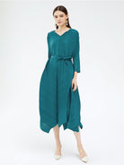 Three Quarter Length Sleeves A Line Midi Dress - ElegantAlpha®