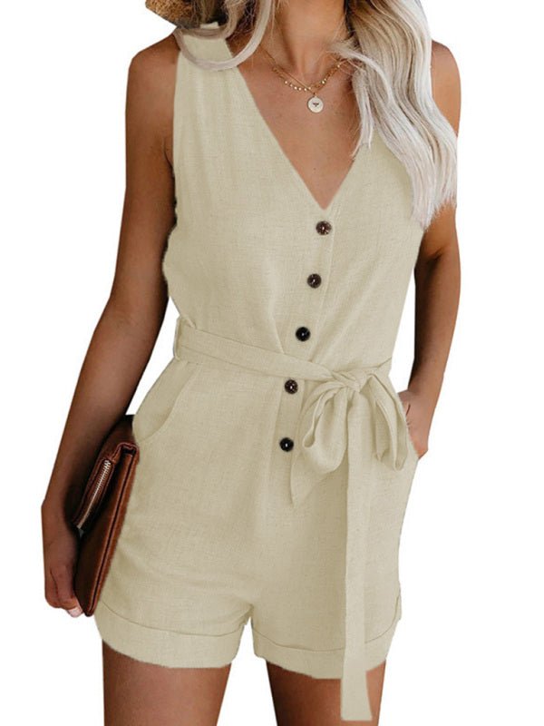 V-Neck Button-Up Sleeveless Jumpsuit - ElegantAlpha®