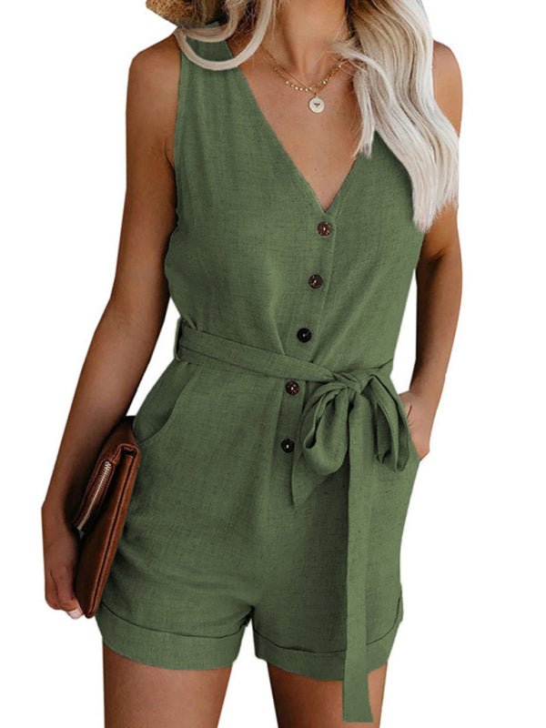 V-Neck Button-Up Sleeveless Jumpsuit - ElegantAlpha®