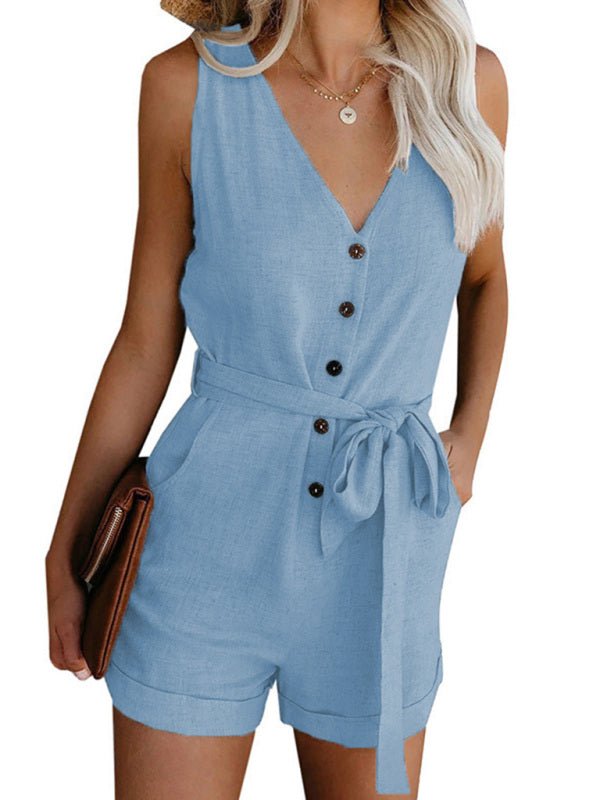 V-Neck Button-Up Sleeveless Jumpsuit - ElegantAlpha®