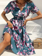 V-neck floral print short-sleeved dress - ElegantAlpha®