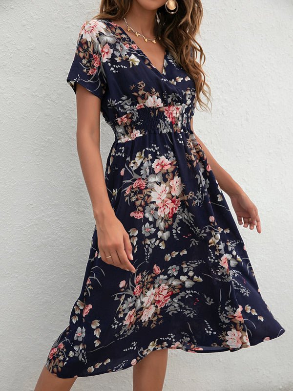 V-neck floral print short-sleeved dress - ElegantAlpha®