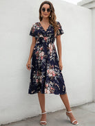 V-neck floral print short-sleeved dress - ElegantAlpha®