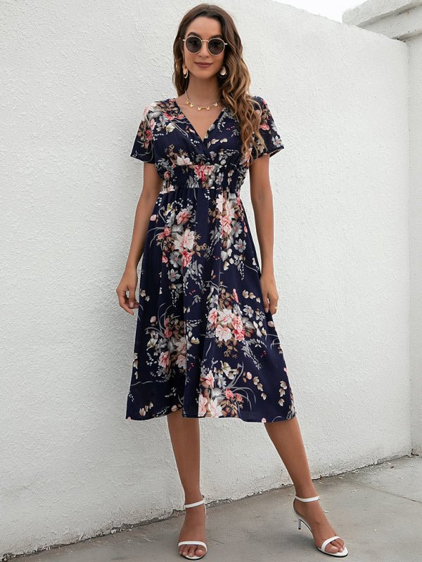 V-neck floral print short-sleeved dress - ElegantAlpha®