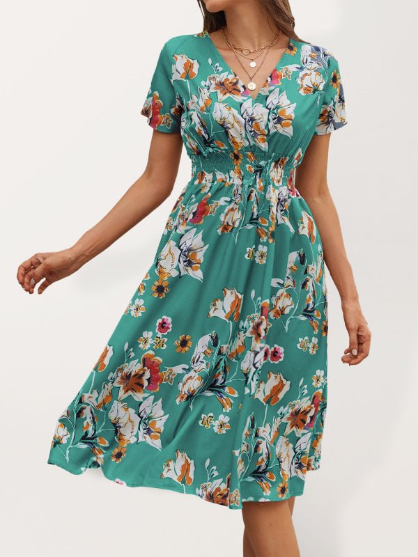 V-neck floral print short-sleeved dress - ElegantAlpha®