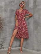 V-neck floral print short-sleeved dress - ElegantAlpha®