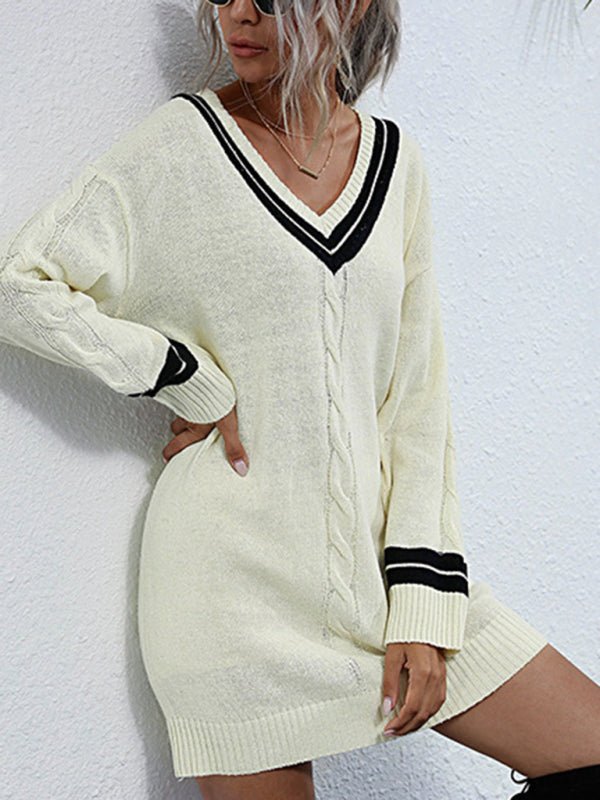 V-neck long bottoming knitted sweater dress - ElegantAlpha®