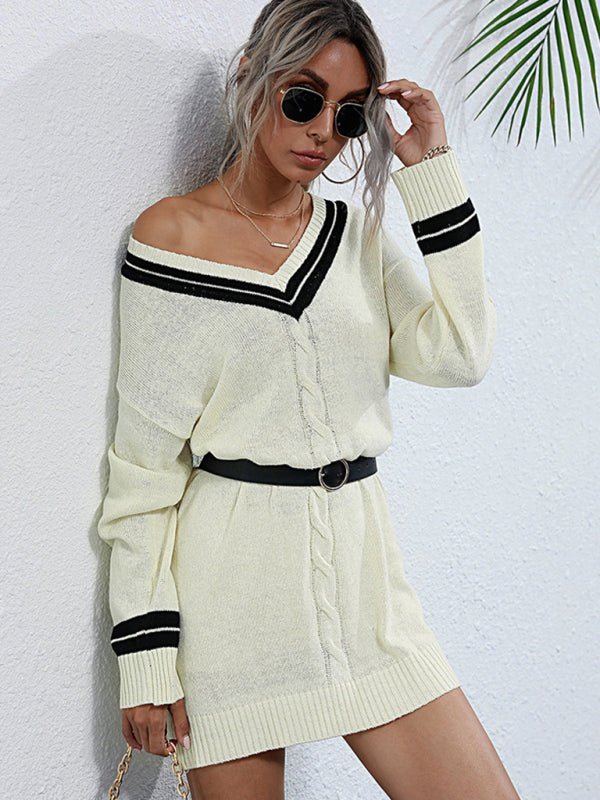 V-neck long bottoming knitted sweater dress - ElegantAlpha®