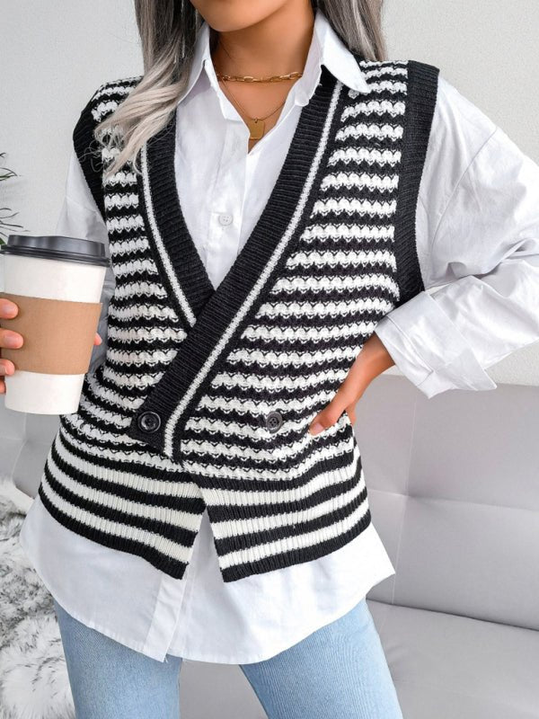 V-Neck Striped Knit Tank Top Cardigan - ElegantAlpha®