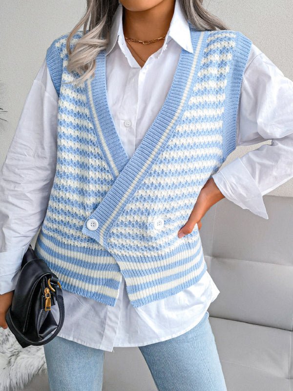 V-Neck Striped Knit Tank Top Cardigan - ElegantAlpha®