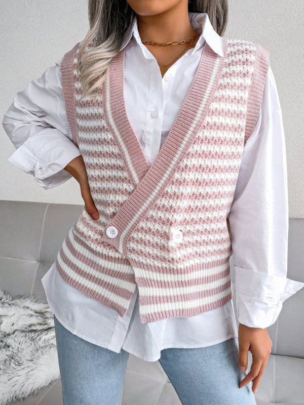 V-Neck Striped Knit Tank Top Cardigan - ElegantAlpha®