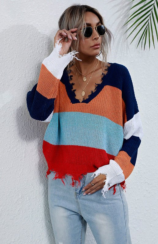 V-Neck Striped Stitching Sweater - ElegantAlpha®