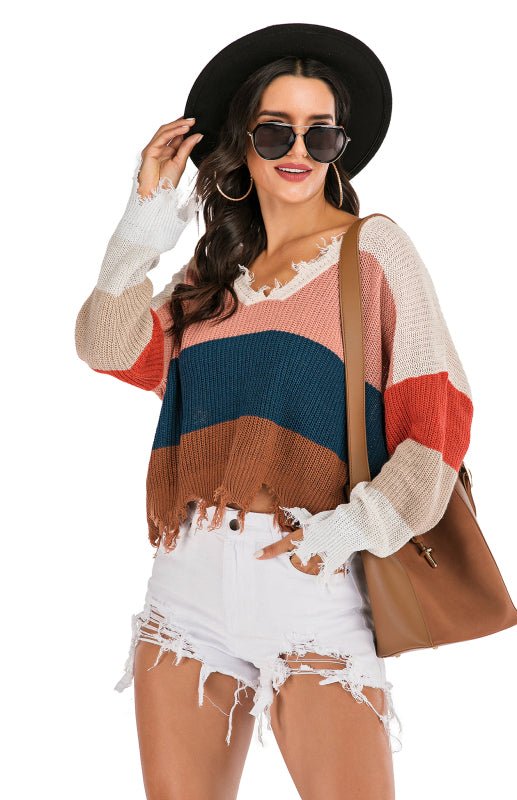 V-Neck Striped Stitching Sweater - ElegantAlpha®