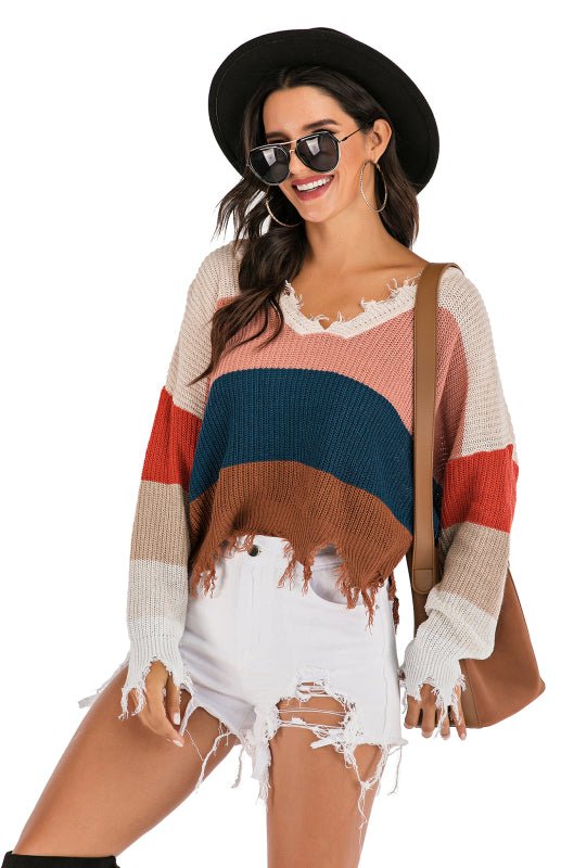 V-Neck Striped Stitching Sweater - ElegantAlpha®