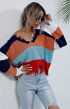 V - Neck Striped Stitching Sweater - ElegantAlpha