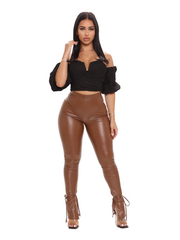 Vegan Leather Pants With Adjustable Straps And Slit - ElegantAlpha®