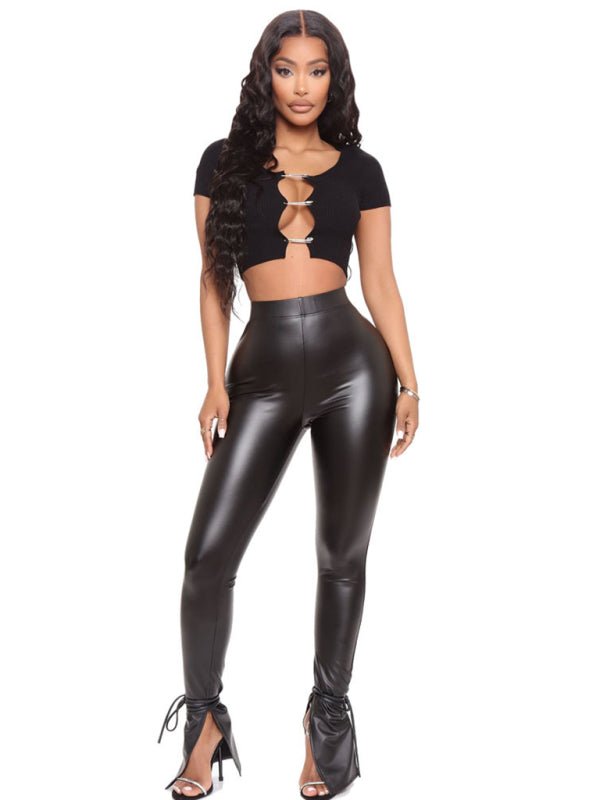 Vegan Leather Pants With Adjustable Straps And Slit - ElegantAlpha®