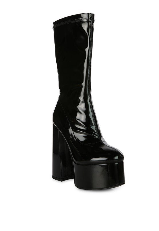 VINKELE Patent PU Platform Heeled Calf Boots - ElegantAlpha®