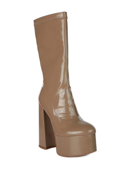 VINKELE Patent PU Platform Heeled Calf Boots - ElegantAlpha®