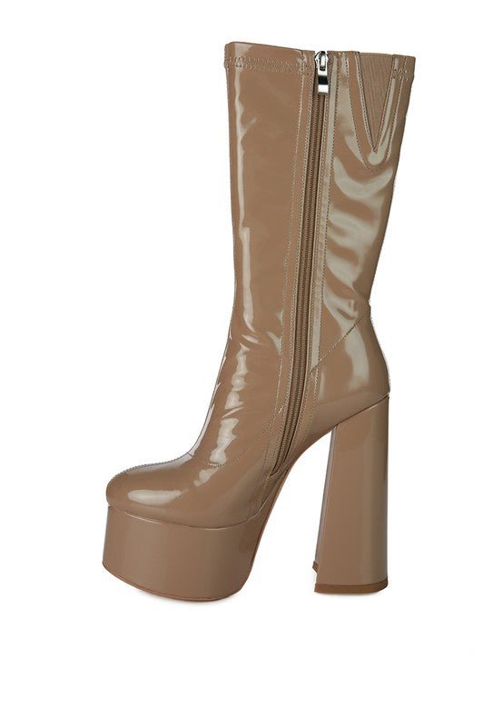 VINKELE Patent PU Platform Heeled Calf Boots - ElegantAlpha®