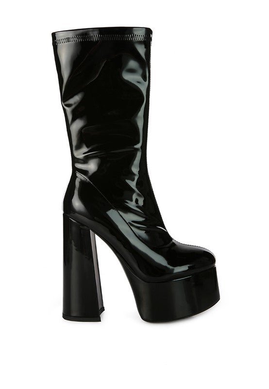 VINKELE Patent PU Platform Heeled Calf Boots - ElegantAlpha®