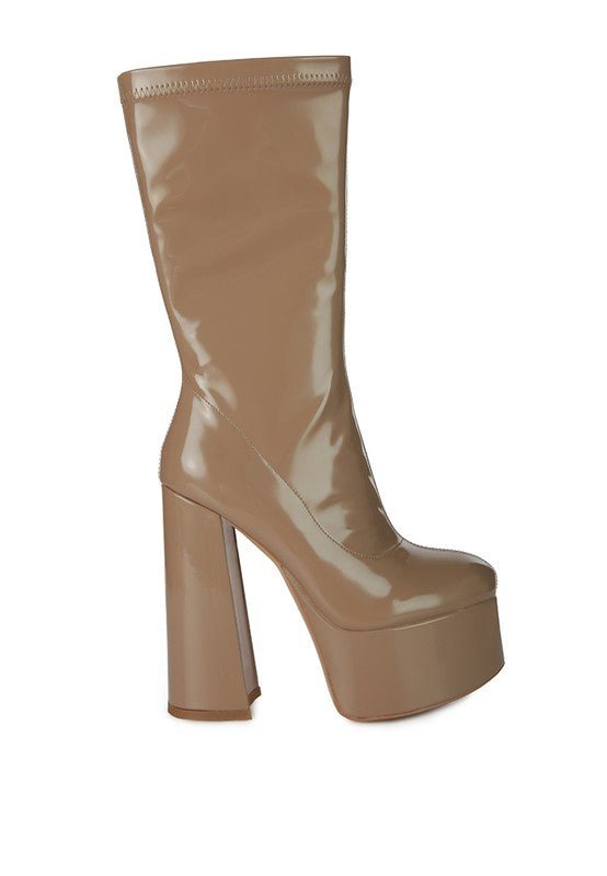 VINKELE Patent PU Platform Heeled Calf Boots - ElegantAlpha®