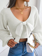 Women's Bow V-Neck Lantern Sleeve Crop Sweater - ElegantAlpha®