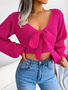 Women's Bow V-Neck Lantern Sleeve Crop Sweater - ElegantAlpha®