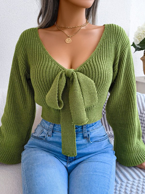 Women's Bow V-Neck Lantern Sleeve Crop Sweater - ElegantAlpha®