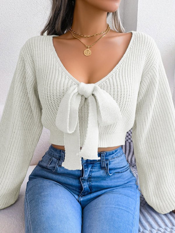 Women's Bow V-Neck Lantern Sleeve Crop Sweater - ElegantAlpha®