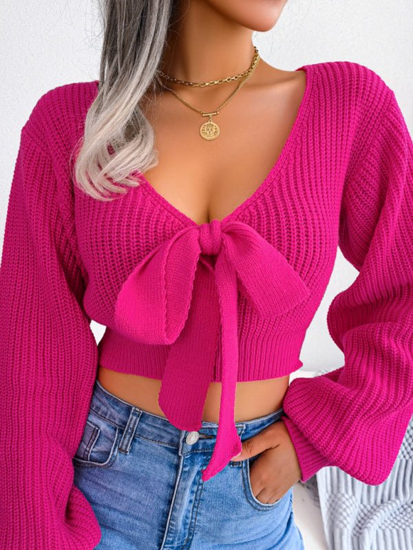 Women's Bow V-Neck Lantern Sleeve Crop Sweater - ElegantAlpha®