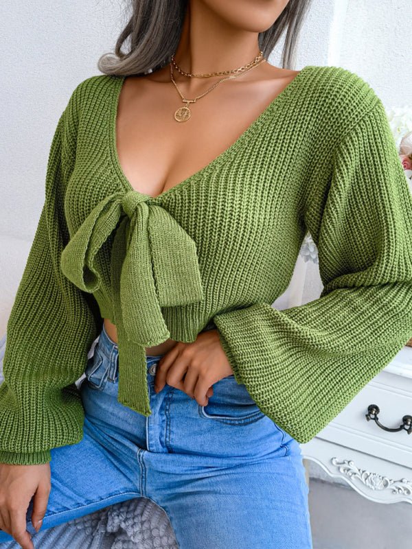 Women's Bow V-Neck Lantern Sleeve Crop Sweater - ElegantAlpha®