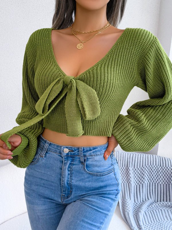 Women's Bow V-Neck Lantern Sleeve Crop Sweater - ElegantAlpha®