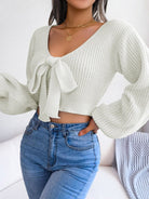 Women's Bow V-Neck Lantern Sleeve Crop Sweater - ElegantAlpha®