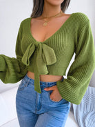 Women's Bow V-Neck Lantern Sleeve Crop Sweater - ElegantAlpha®