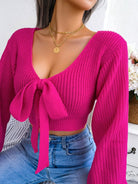 Women's Bow V-Neck Lantern Sleeve Crop Sweater - ElegantAlpha®