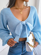 Women's Bow V-Neck Lantern Sleeve Crop Sweater - ElegantAlpha®