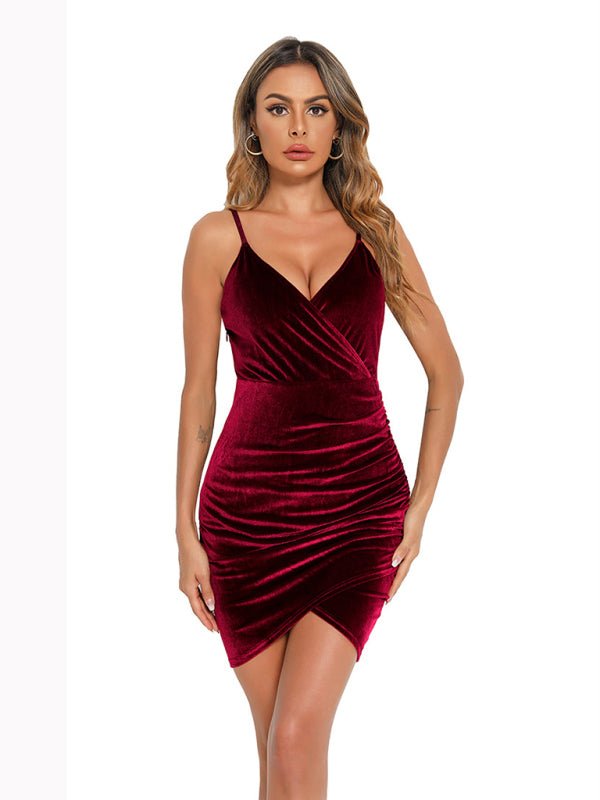 Women’s Deep V Neck Wrap Around Tieless Velvet Mini Dress - ElegantAlpha®