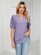 Women's knitted casual V-neck puff sleeve loose T-shirt - ElegantAlpha®