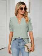 Women's knitted casual V-neck puff sleeve loose T-shirt - ElegantAlpha®