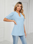 Women's knitted casual V-neck puff sleeve loose T-shirt - ElegantAlpha®