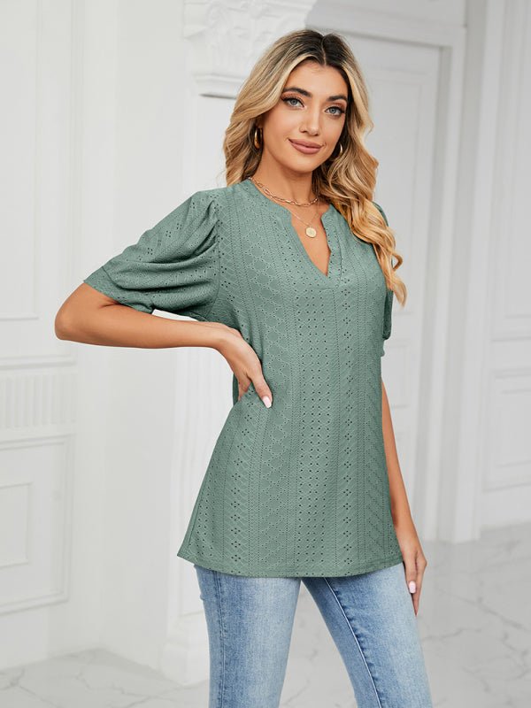 Women's knitted casual V-neck puff sleeve loose T-shirt - ElegantAlpha®