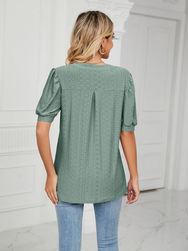 Women's knitted casual V-neck puff sleeve loose T-shirt - ElegantAlpha®