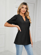 Women's knitted casual V-neck puff sleeve loose T-shirt - ElegantAlpha®