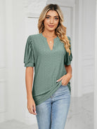 Women's knitted casual V-neck puff sleeve loose T-shirt - ElegantAlpha®