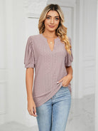 Women's knitted casual V-neck puff sleeve loose T-shirt - ElegantAlpha®