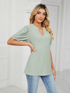 Women's knitted casual V-neck puff sleeve loose T-shirt - ElegantAlpha®